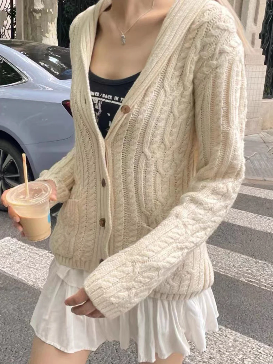 Winter New Twisted Pocket Cardigan Sweater Women Single Breasted Long Sleeve Jumper Casual Vintage Preppy Style Knit Outerwear