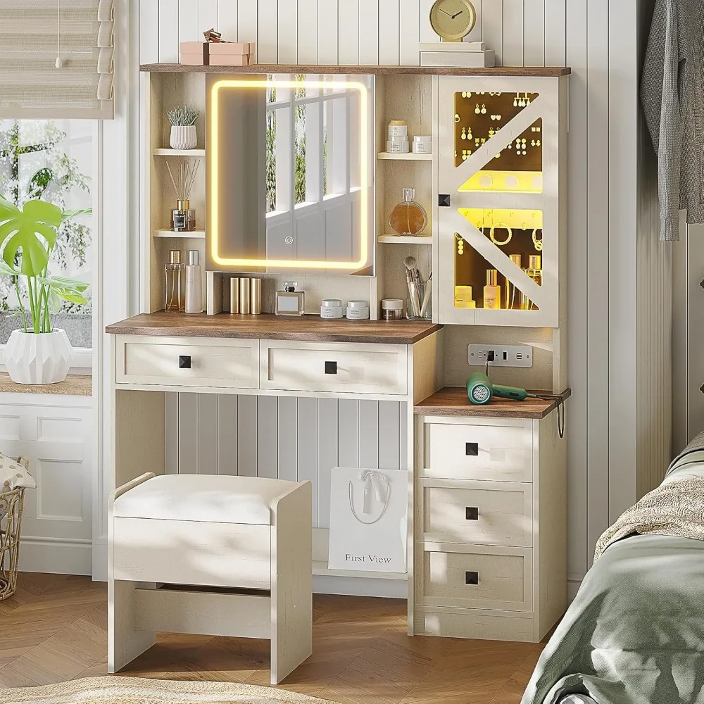 Farmhouse Vanity Desk with Mirror and Lights, Makeup Vanity Set with Lights & Jewelry Cabinet & 5 Drawers, Vanity Table