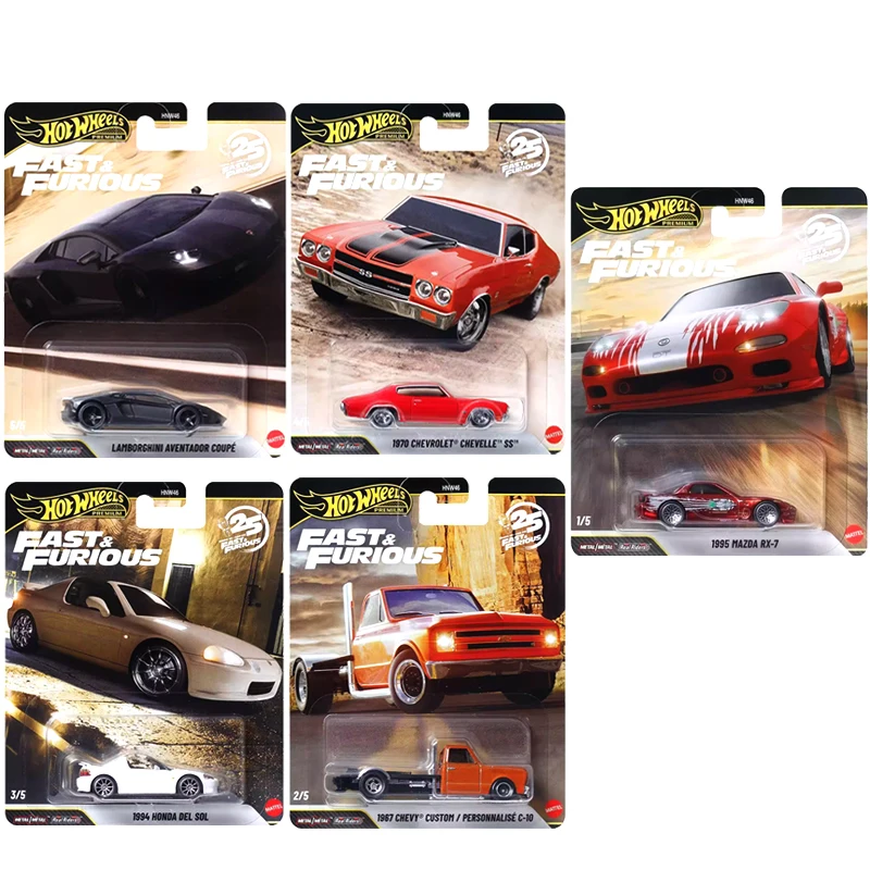 Auténtico Hot Wheels Premium Metal Riders coche rápido y furioso 25th Honda Chevrolet Chevy Mazda Rx7 Lamborghini niños juguetes sedán modelo