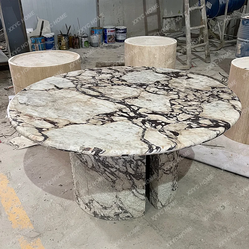 A Natural marble dining table high-end luxury stone  round table living room custom dining table