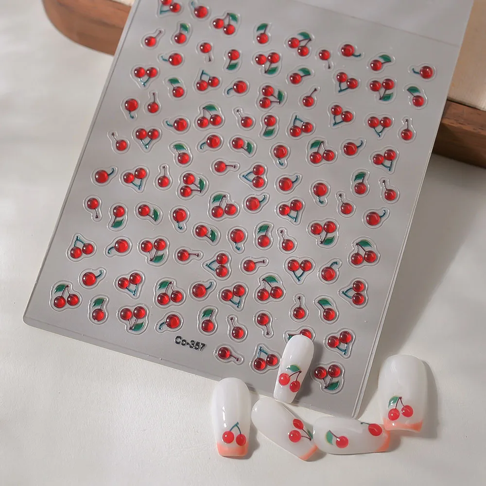 젤리 네일 스티커 텍스처 레드 체리 3D 릴리프 스티커 네일 DIY 스윗 네일 아트 프렌치 스티커 접착 매니큐어 데칼