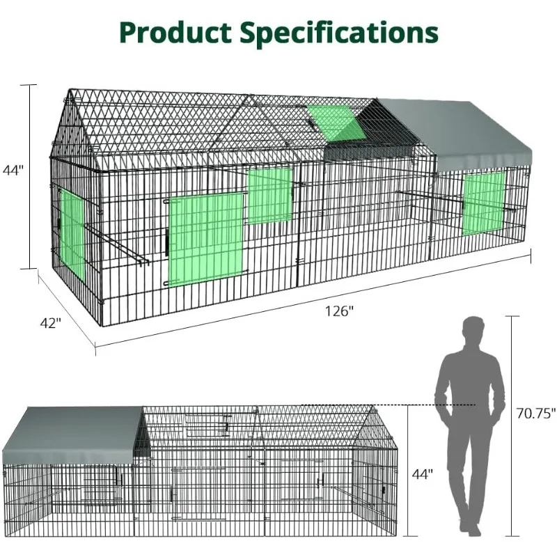 قلم تشغيل الدجاج على شكل حظيرة الدجاج للفناء مع غطاء 130 بوصة × 40 بوصة × 40 بوصة خارجي معدني محمول على شكل قفص جرار دجاج Cra