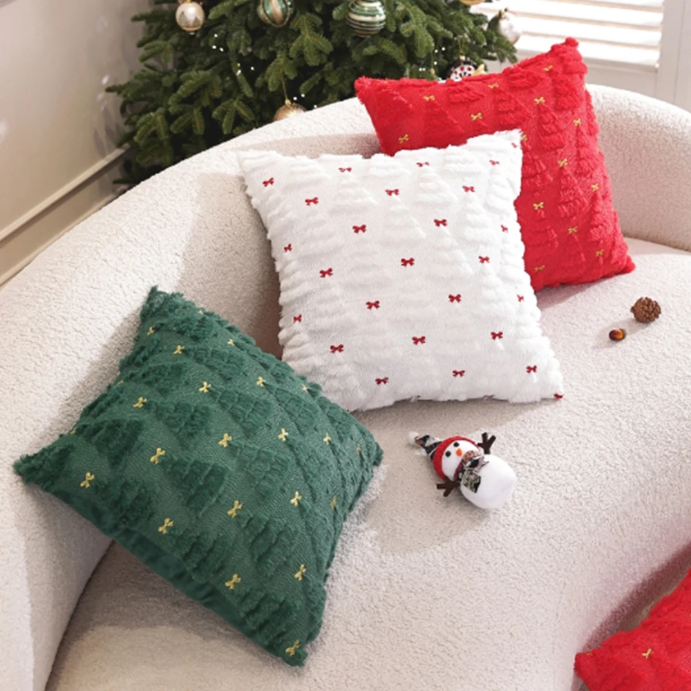 Christmas Pillow Covers 18x18 Inch Christmas Tree Bow Embroidered Decorative Pillowcase Faux Fur Plush Couch Cover Holiday Decor