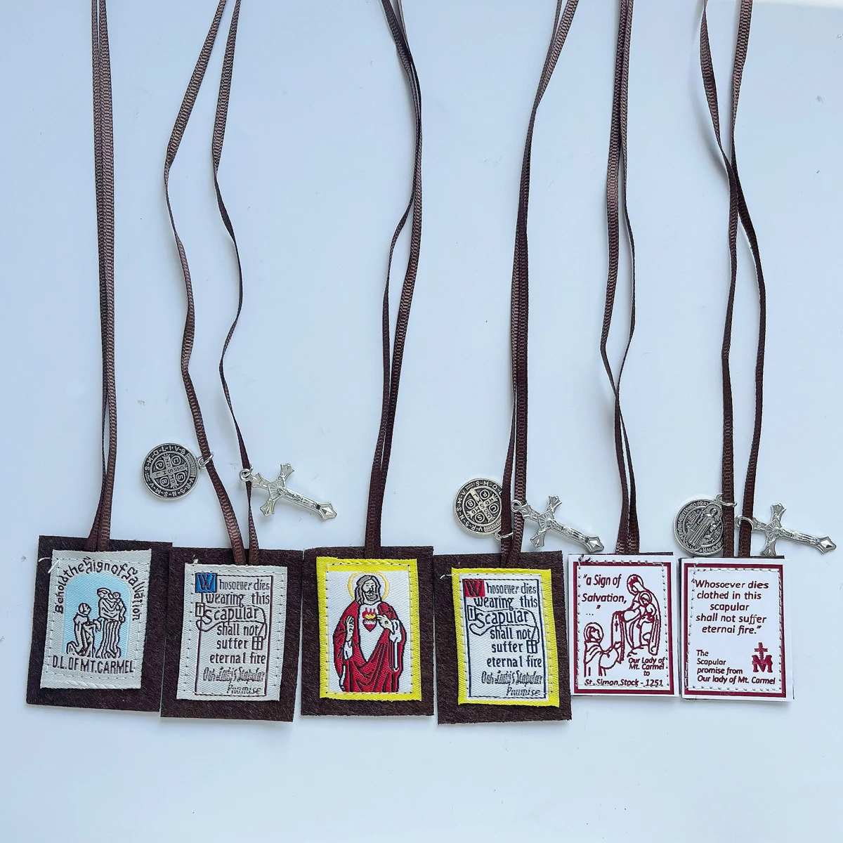12 Pack Brown Scapular of Our Lady of Mount Carmel Catholic Gift for Women with St. Benedict Medal Crucifix Mexican Decoration