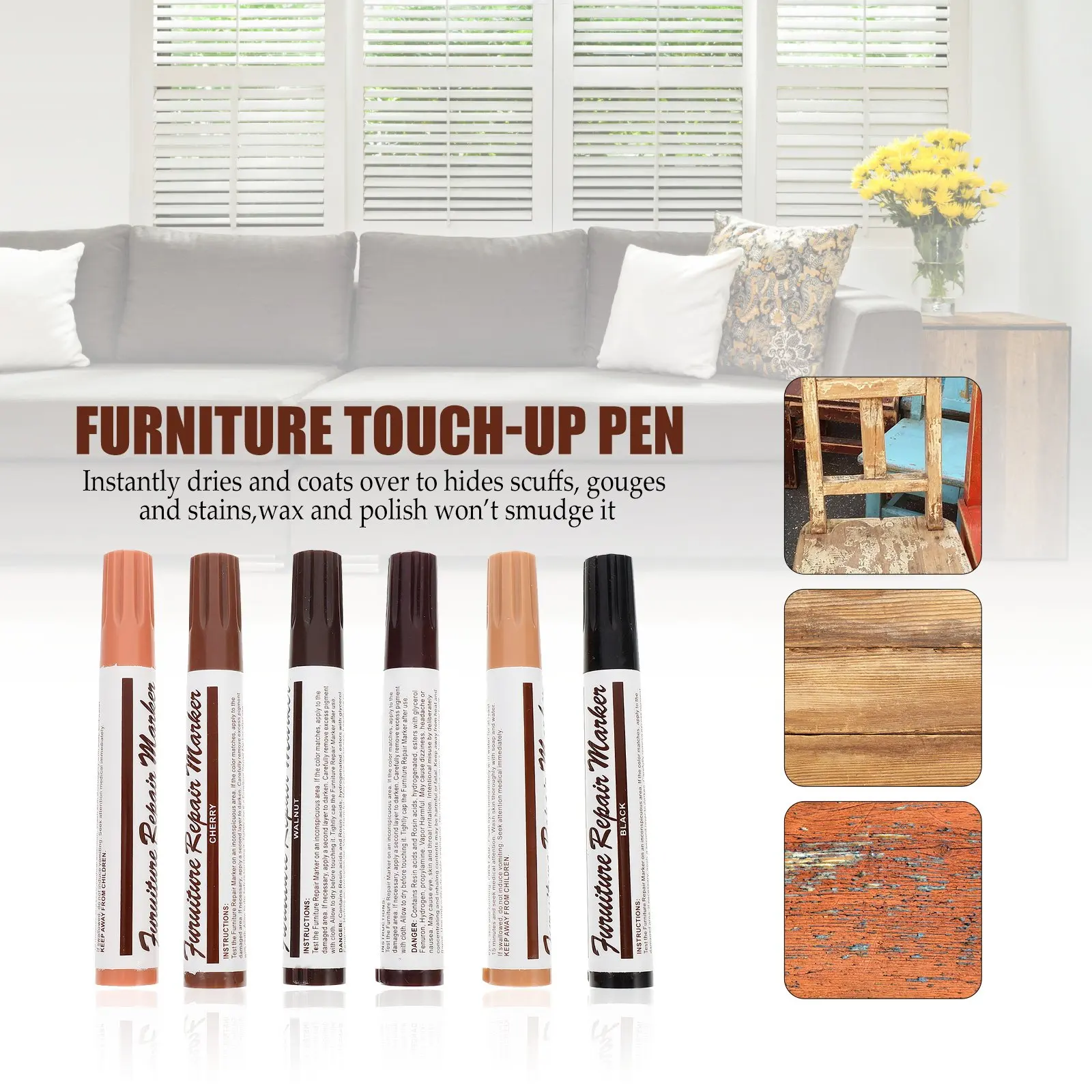 12Pcs Furniture Touch-Up Pens Wood Repair Markers Kit Instant Dry Scratch Cover for Wooden Furniture Floors Cabinets Doors Trim