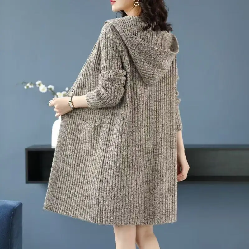 Outono 2025 novo temperamento solto ajuste grande quente hoodie médio longo camisola de lã casaco camisola de caxemira para mulher