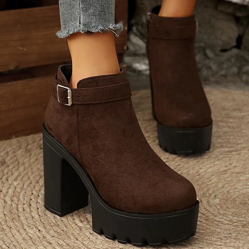 Botines de Plataforma de Ante Sintético Marrón para Mujer, Otoño 2026, con Hebilla y Correa, Tacón Alto, Talla Grande 42, Botines de Tacón Cuadrado