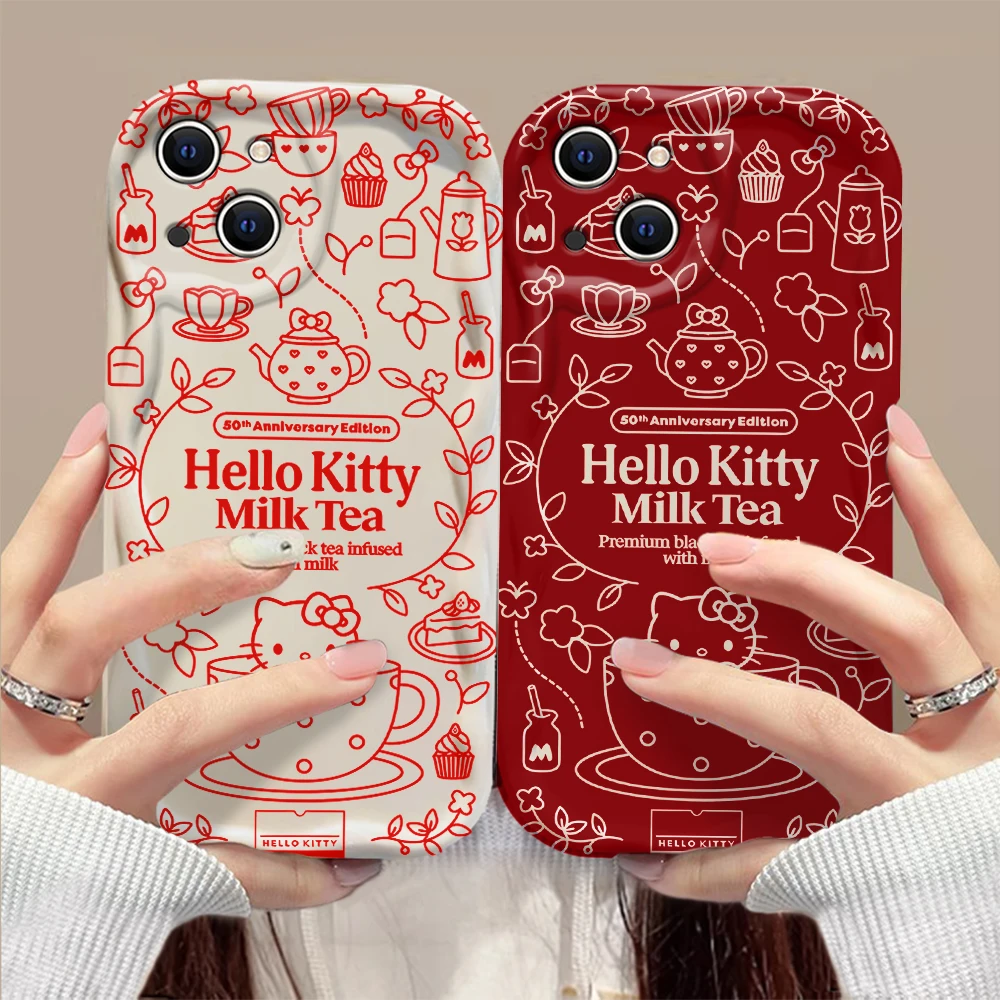 Cute Milk tea Red Hellos Kittys 3D Wave Case For iPhone 15 14 13 12 11 Pro Max Mini X XR XSMAX 8 7 6S Plus Soft Silicone Cover