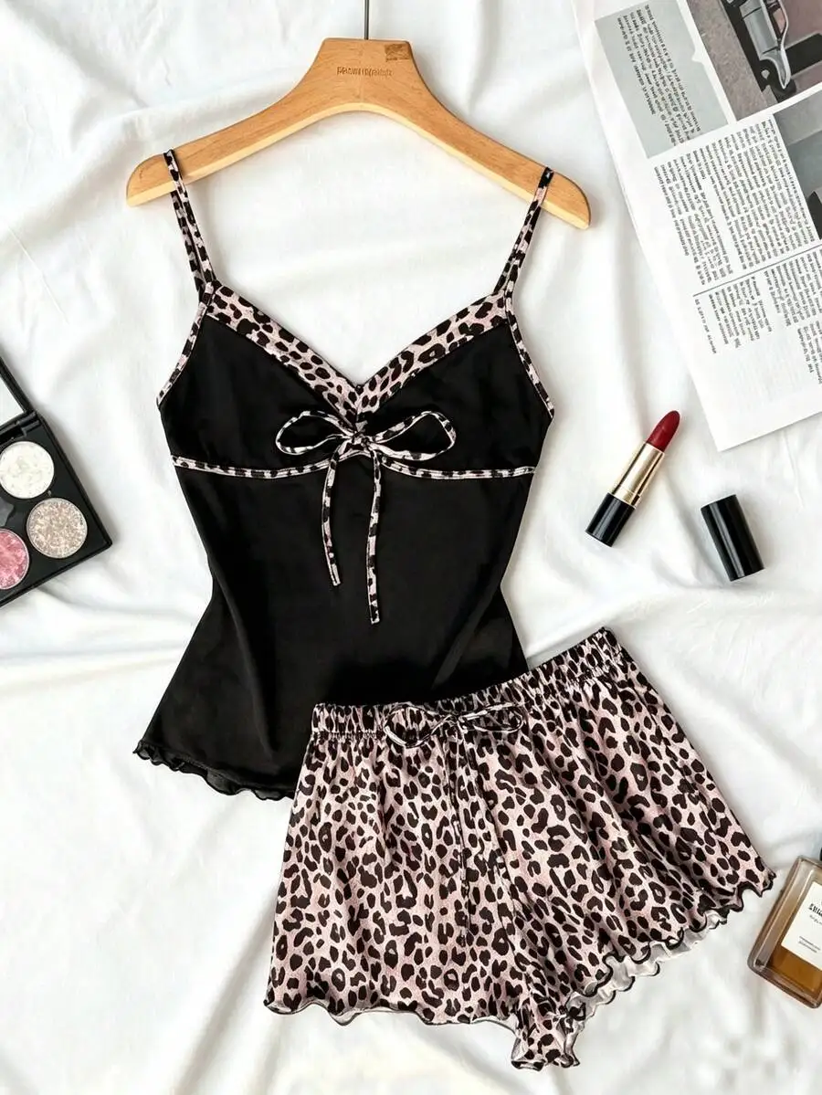 

2pcs Women Leopard Print Patchwork Bow Sleepwear Set