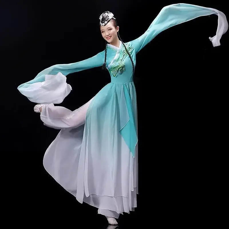 Costumi per spettacoli di danza classica Abito da ballo Hanfu Maniche oscillanti Abito in chiffon Skrit Costume da ballo con maniche ad acqua