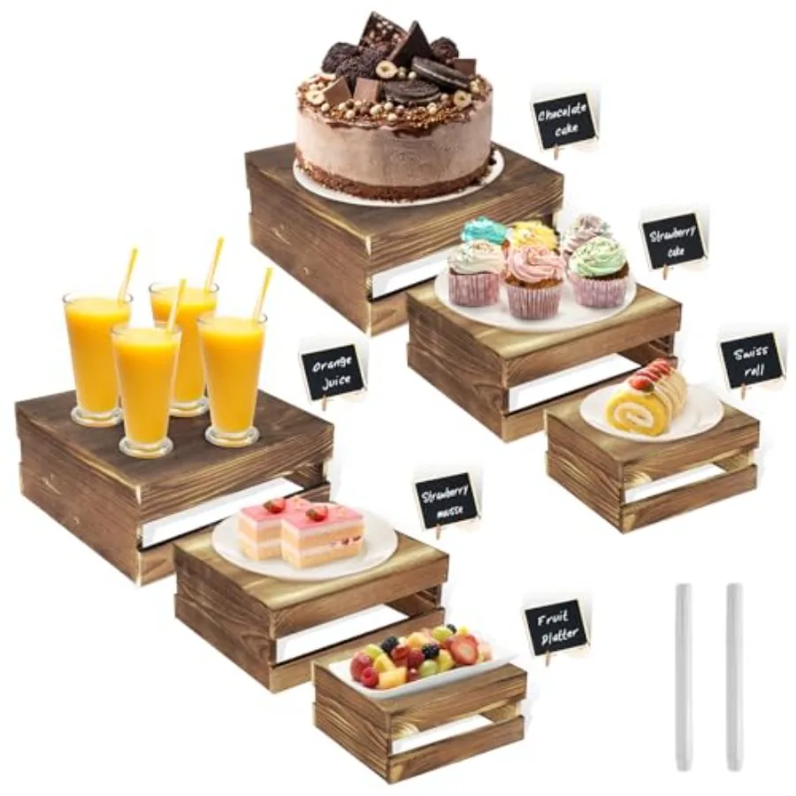 

6 Pcs Buffet Risers with Mini Signs Rustic Wood Cake Stands Food Risers for Buffet Table Dessert Display Stand Wood Crates Rust