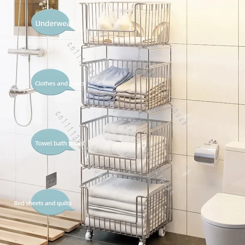 Stainless Steel Rolling Laundry Sorter Multi-compartment Layered Hamper Mobile Storage Basket for Bathroom