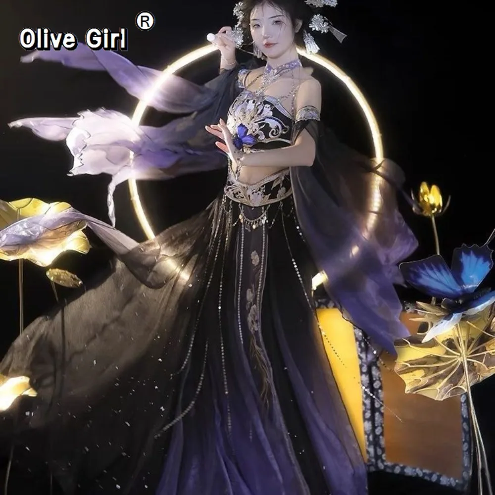 Ханфу Фея Экзотический Стиль Градиент Печатная Вышивка Танцевальное Платье Стенд Вырез Эластичная Юбка Новый Косплей Костюм Ханфу