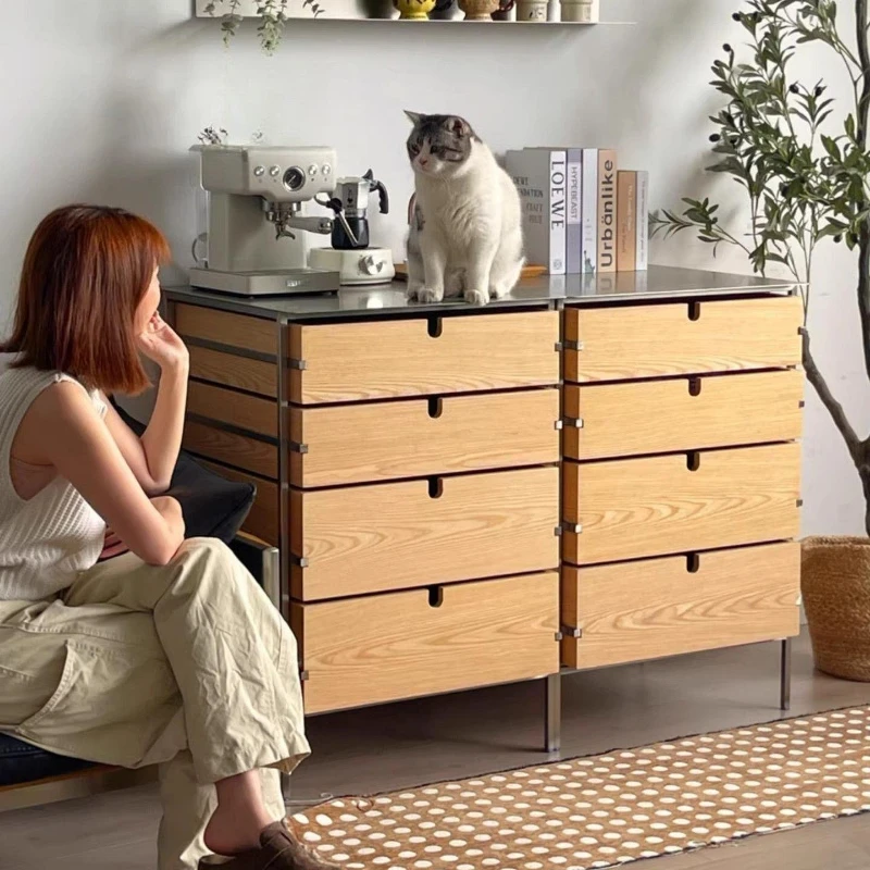 Stainless steel solid wood chest small apartment multi-layer storage cabinet locker storage