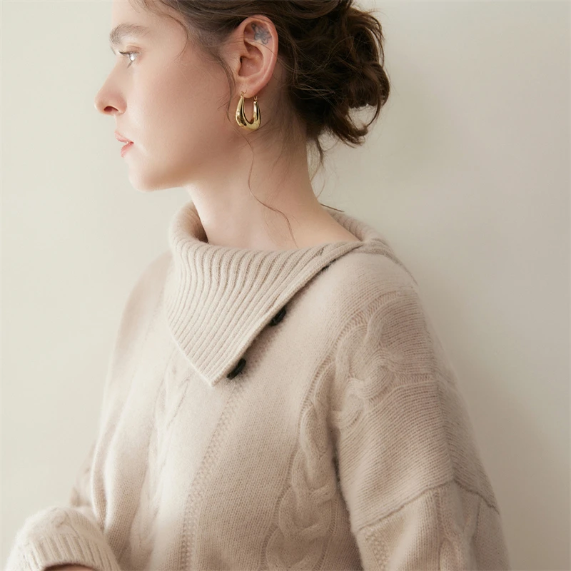 Women Cashmere Sweater Turtleneck Side Open Buckle Pullover Twisted Flower 100% Cashmere Knitwear Autumn Winter Loose Thick Tops