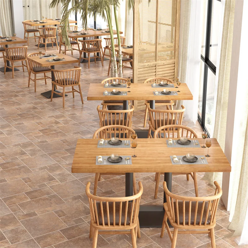 Solid wood dining table casual coffee shop milk tea shop rectangular table cooking shop wrought iron square table commercial