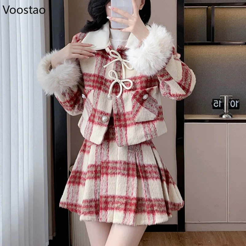 

Winter Korean Sweet Woolen 2 Piece Set Women Elegant Plush Patchwork Plaid Jacket Mini Pleated Skirt Suit New Year Warm Outfits