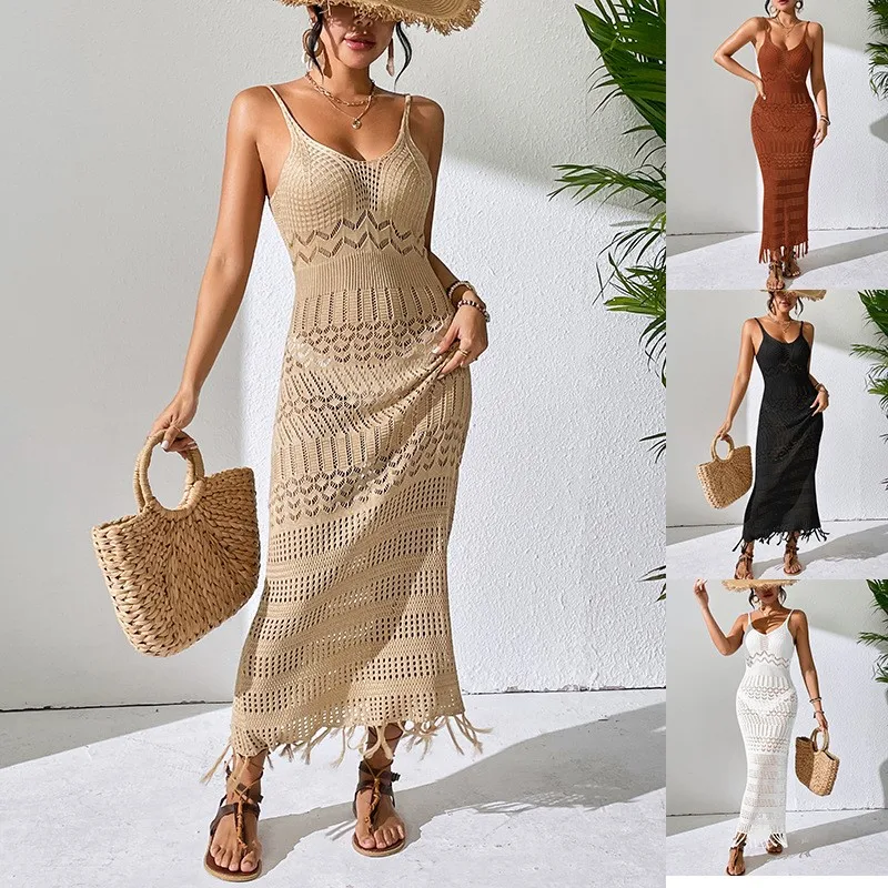 Sexy And Elegant Hollow Out Camisole Long Dress Slim Fit And Slimming Fringe Beach Dress Sleeveless Knitted Vneck Camisole Dress