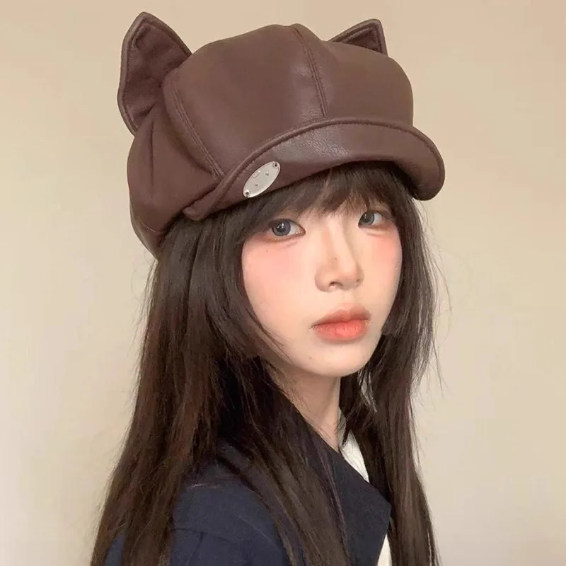 Boina nova outono e inverno orelha de gato retro couro pintor chapéu casual versátil usar chapéu octogonal britânico chapéu abóbora