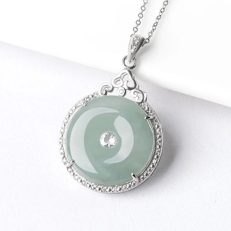 

S925 Sterling Silver Natural Type A Blue Water Jadeite Icy Coin Amulet Pendant Fashionable Women Necklace