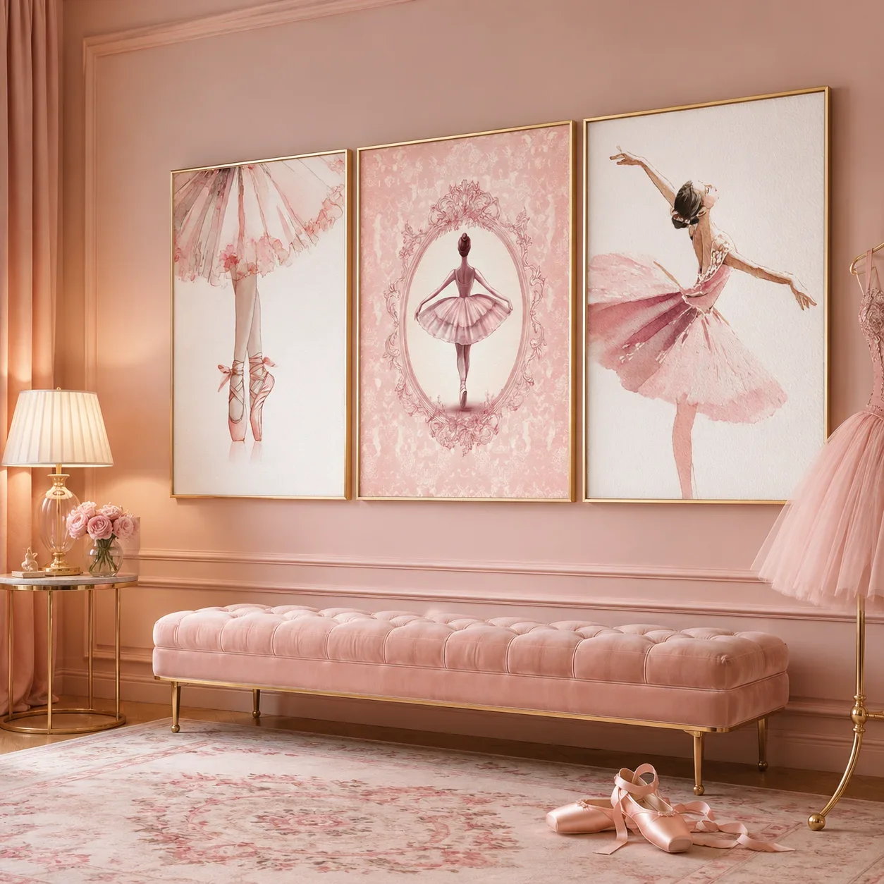 1PC Large-sized frameless canvas paintings,Nordic Wall Art Ballet Dancer Pink Ballerina Canvas Painting Nordic Style Poster Prin