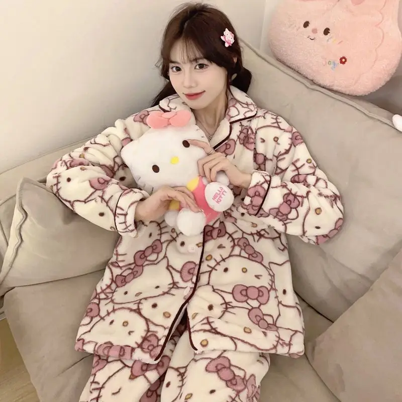 2Pcs Sanrioed Hello Kittys Coral Velvet Pajamas Women Autumn Winter Plush Cardigan Tops Trousers Sleepwear Set Y2K Cute Clothing