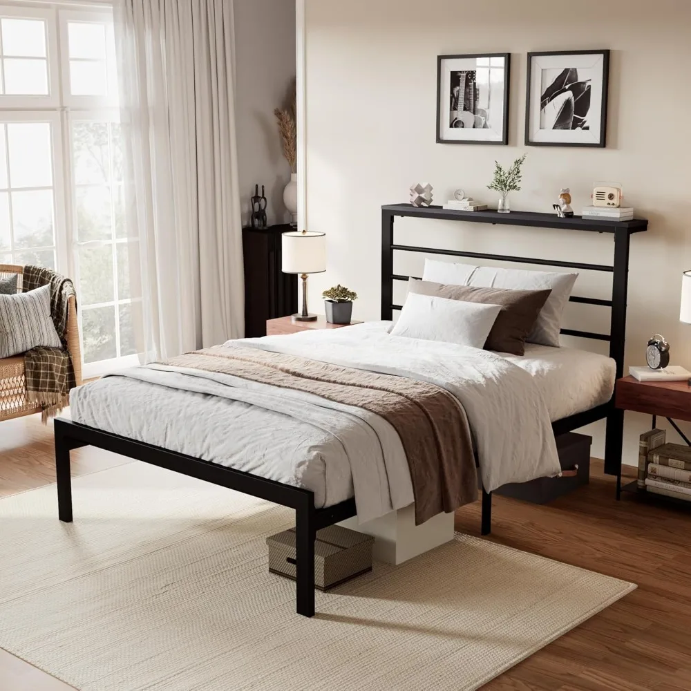 

SHA CERLIN Twin Size Bed Frame with Headboard Shelf and Strong Metal Foundation, No Box Spring Needed, Black