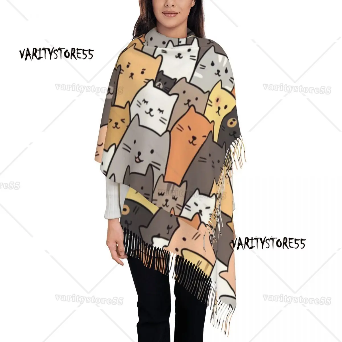 

Funny Cats Collage Cartoon Scarf for Women Winter Fall Pashmina Shawl Wrap Animal Cat Lover Long Scarves with Tassel Ladies