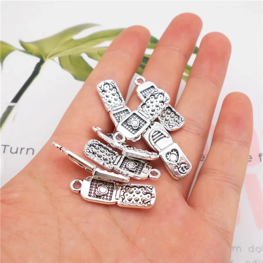 10pcs Antique Silver Color Flip Phone Shape Charms Zinc Alloy Pendant Necklace Bracelet Jewelry Making Accessory