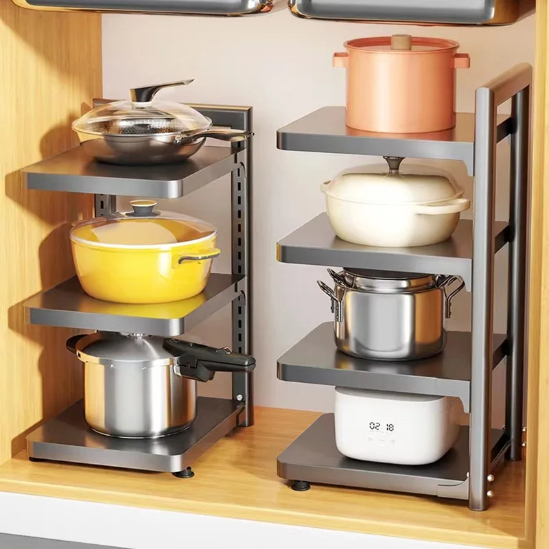 Kitchen shelves, household pot racks, cabinets, layered sinks, multi-layered pots and pans, storage shelves in cabinets