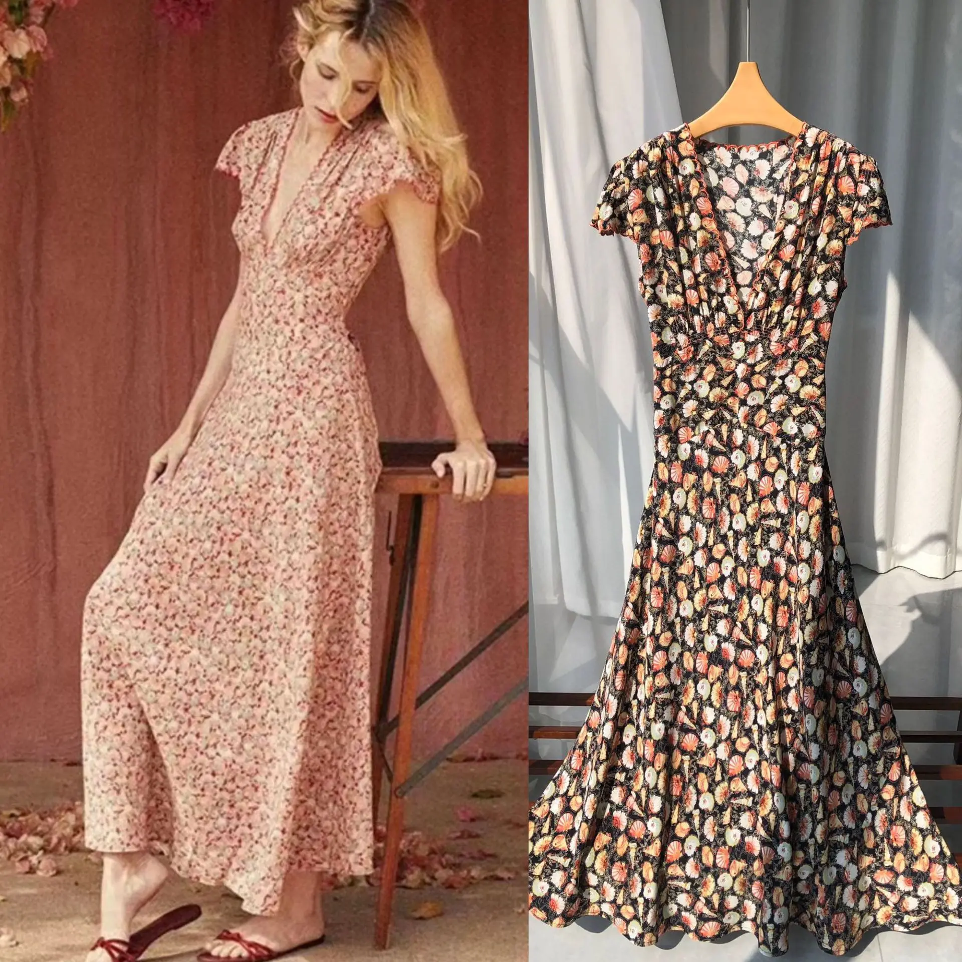 

Maxi Dress for Women 2024 New Spring Silk Printed V-neck Slim Waist Vintage Short Sleeve A-line Robes