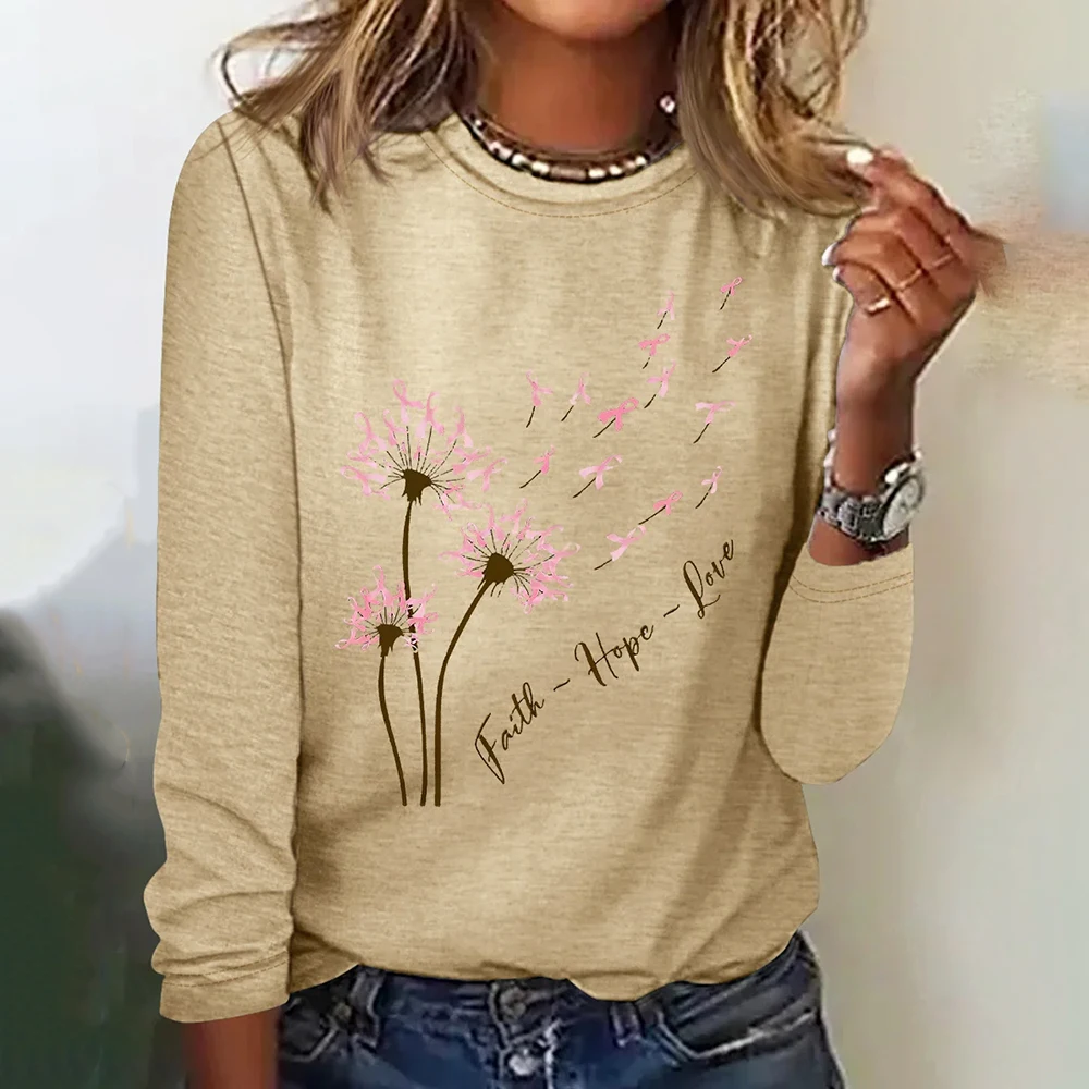 Dandelion Pink Ribbon Print Womens T-Shirt Designer Long Sleeve T-Shirt Polyester Women Fashion Long Sleeve