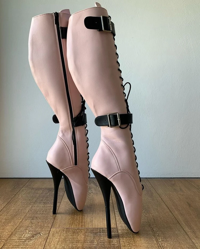 Sorbern Blush Pink Ballet Boots Women Knee High Stilettos Lace Up Double Straps Zip Up Customized Wide Or Slim Fit Leg Sm Shoe