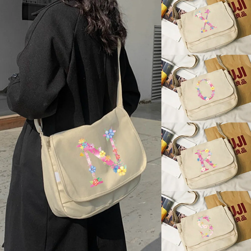 

New Canvas Crossbody Bag Retro Pink Flower Letter Printed Handbag Large Capacity Shoulder Bag Shopping Bag