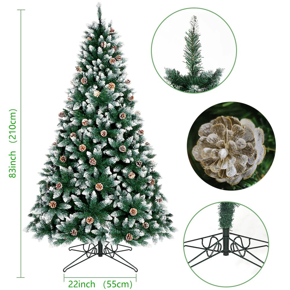 7FT Snow Flocked Christmas Tree w/1400PVC Branch Tips,70 Pine Cones Foldable Base, Artificial Xmas Tree for Holiday Party Decor