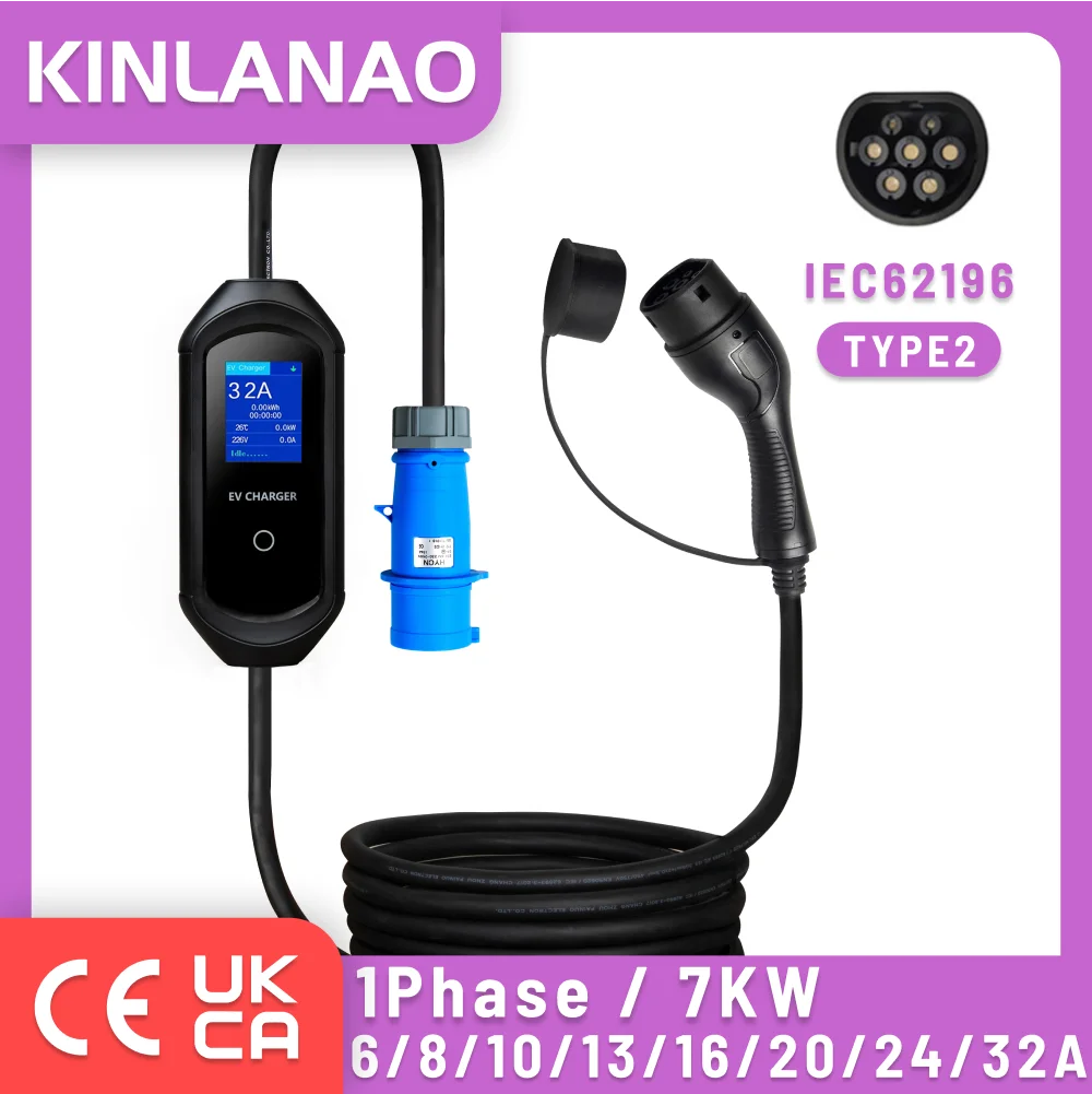 KINLANAO Portable EV Charger 36A 7KW 5M EVSE Charging Cable Plug Type2 IEC62196 Controller Wallbox