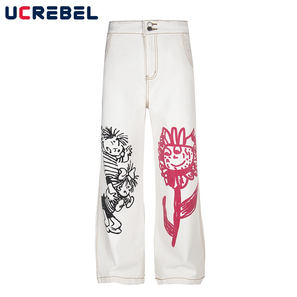 

Graffiti Cartoon Print Jeans Mens Top Stitch Retro High Street Loose Straight-leg Wide Leg Denim Pants Men