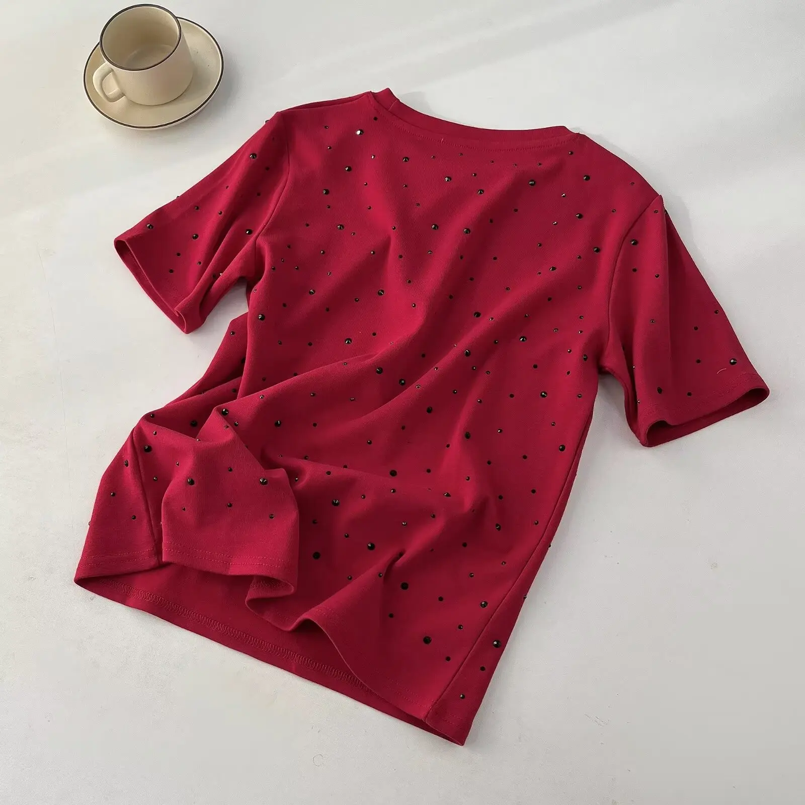 Tangada 2024 Summer Women Beading Cotton T Shirt Short Sleeve Ladies Shirt Wear Top XLJ008