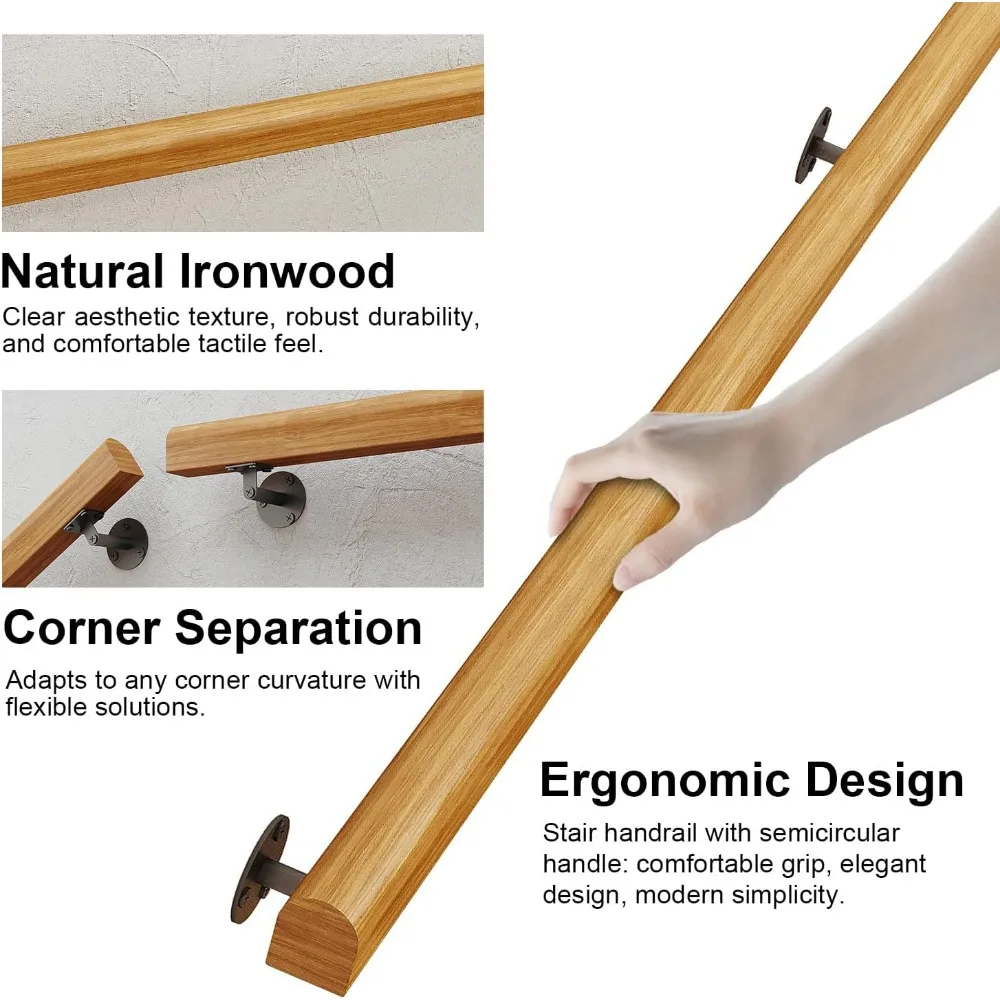 درابزين درج من الخشب الصلب بطول 4 أقدام، داخلي وخارجي، مثبت على الحائط، غير قابل للانزلاق، تصميم آمن لكبار السن والعائلات #3