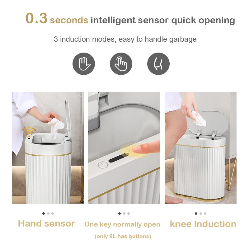 9L Kitchen Trash Can Automatic Bathroom Trash Can with Lid Button Toilet Wastebasket Home Smart Sensor Garbage Bin Dustbin