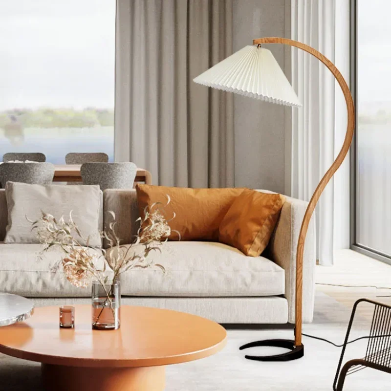 Wood Walnut Pleated LED Floor Lamp Living Room Reading Light Indoor Decor Lighting Fixture