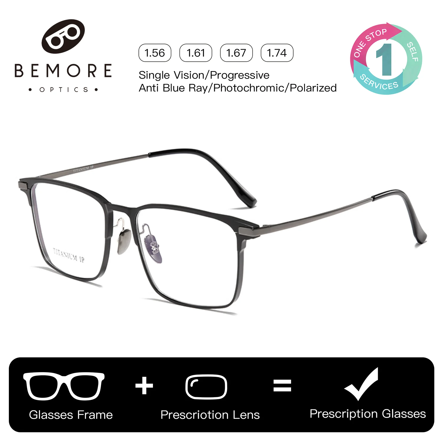 BEMORE Square Prescription Eyeglasses For Men Photochromic Anti Blue Light Metal Multifocal Glasses Progressive