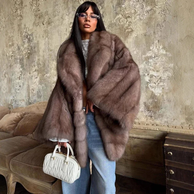 럭셔리 그라데이션 플레어 슬리브 인조 모피 코트 여성용 라펠 루즈 따뜻한 고급 인조 모피 코트 겨울 하이 스트리트 재킷