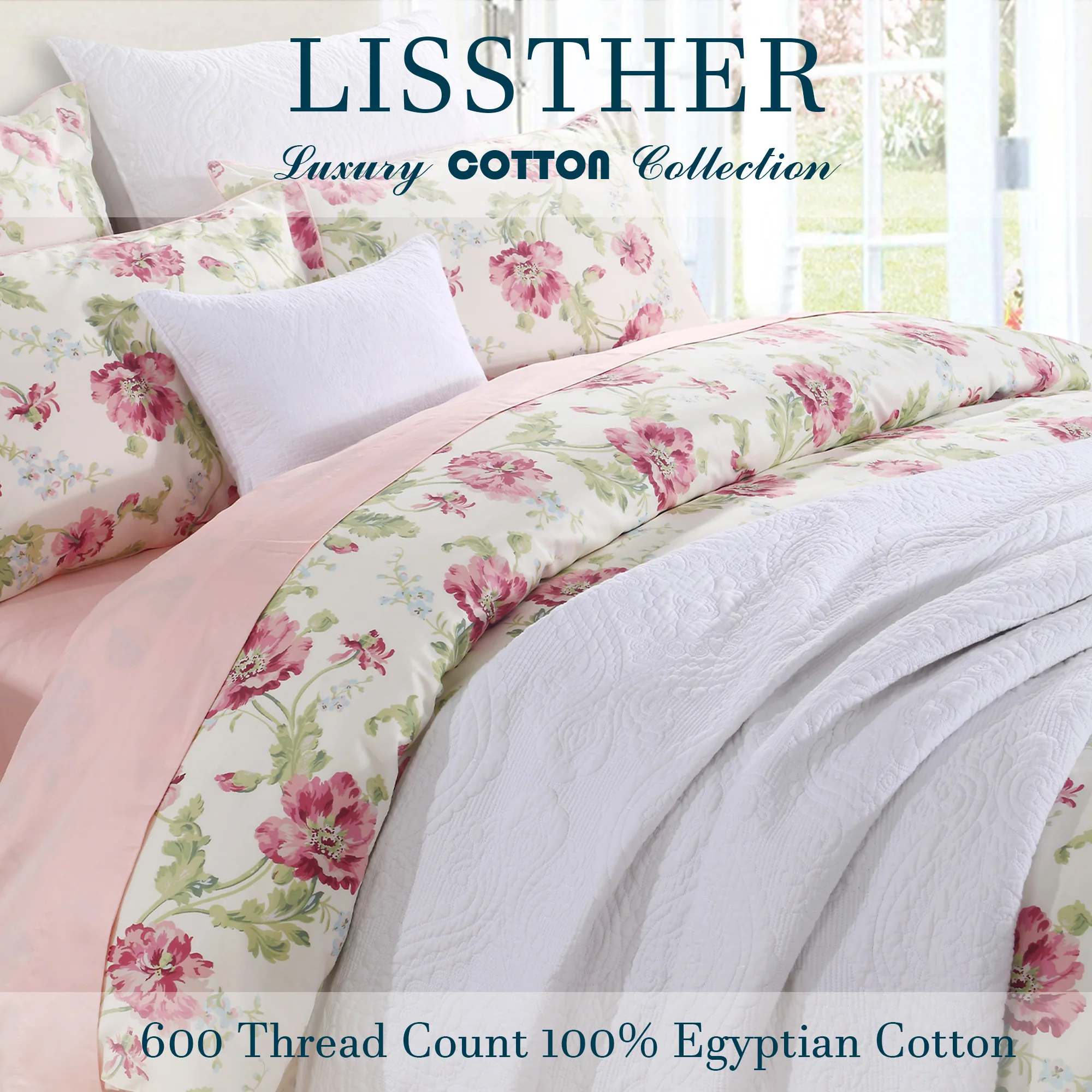 3pcs 600 TC 100% Egyptian Cotton Duvet Cover Set (Without Core), Blooming Rose & Green Shabby Chic, Soft And Skin-friendly