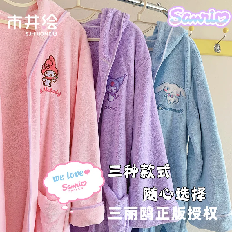 Kawaii Sanrio Hobby My Melody Kuromi Cinnamoroll Household Women\'s Coral Velvet Bathrobe Water-Absorbent Quick-Drying Nightgown