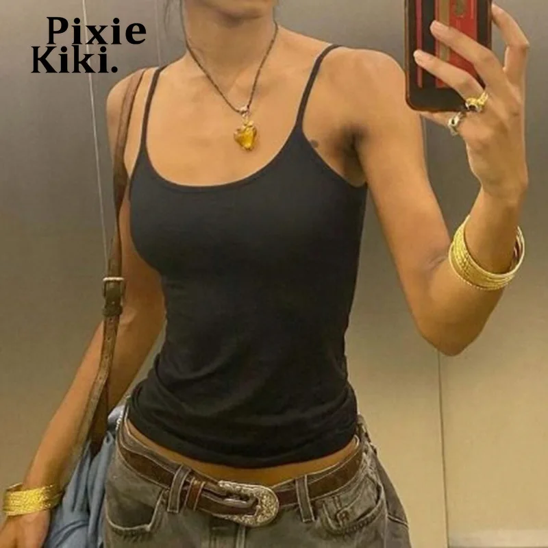 PixieKiki Basic Spaghetti Strap Crop Tops Sexy Tight Tanks & Camis Black White Summer 2024 Womens Clothes P67-AB10