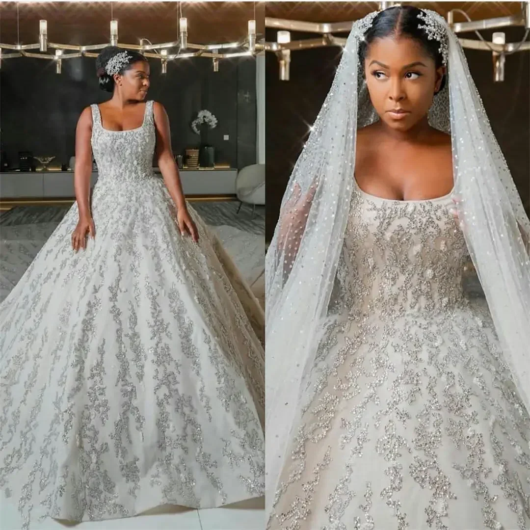Customized Plus Size Wedding Dresses 2024 Scoop Neck Applique Beaded African Vestidos De Novia Long Train Luxury Bridal Gowns
