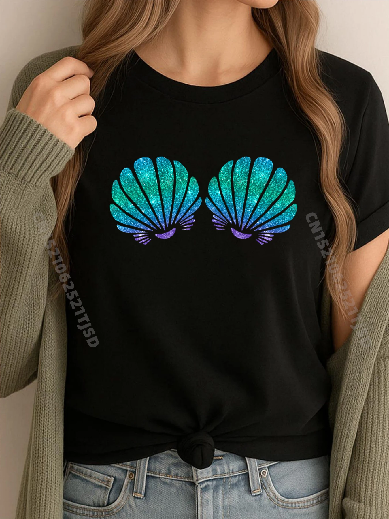 

Mermaid Sea Shell Bra Costume Streetwear Man Natural Camisetas Tee Shirt Letter