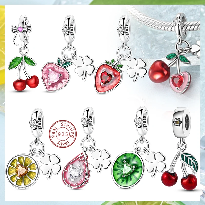 Original 925 Sterling Silver Charms Avocado Strawberry Cherry Lemon Four-Leaf Clover Beads Fit Bracelets Pendant Woman Jewelry