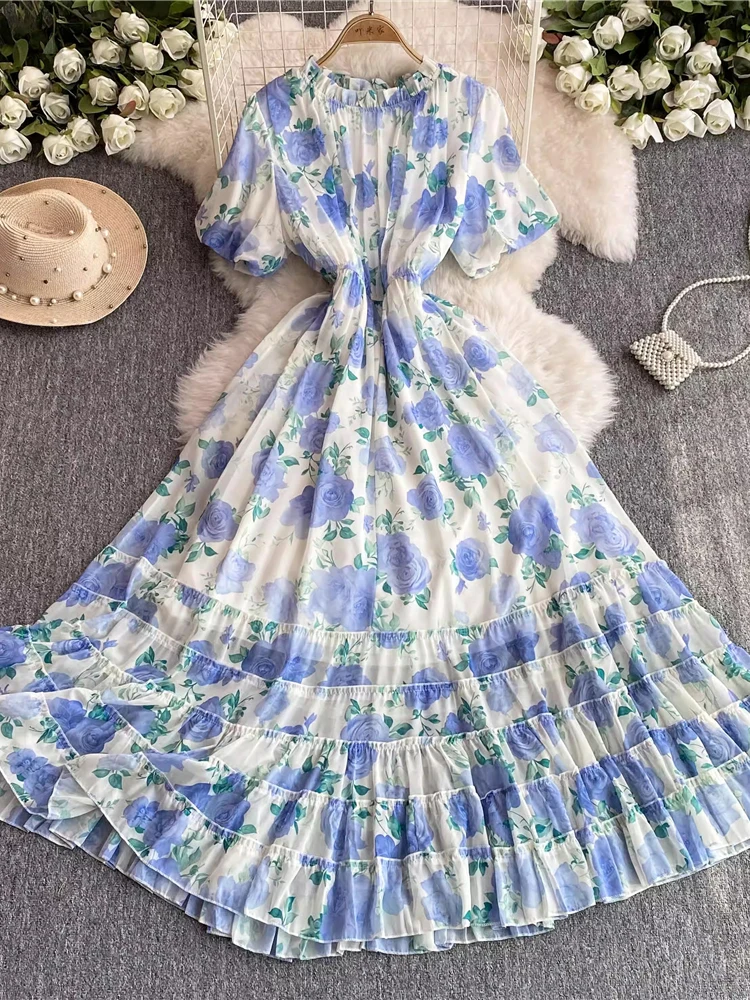 Summer Women Floral Ruffle Chiffon Long Dress Vintage Round Neck Puff Sleeve High Waist Vacation Beach Vestidos Female Robe New